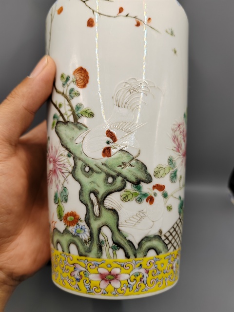 古玩陶瓷民國洪憲彩?細路粉彩功名富貴圖棒槌瓶拍賣，當前價格1888元