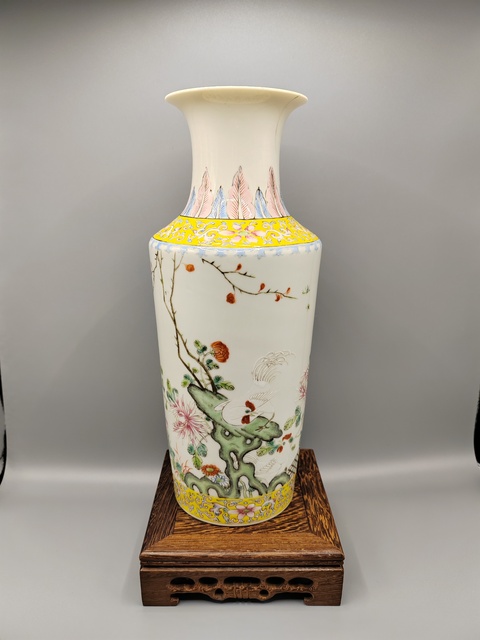 古玩陶瓷民國洪憲彩?細路粉彩功名富貴圖棒槌瓶拍賣，當前價格1888元