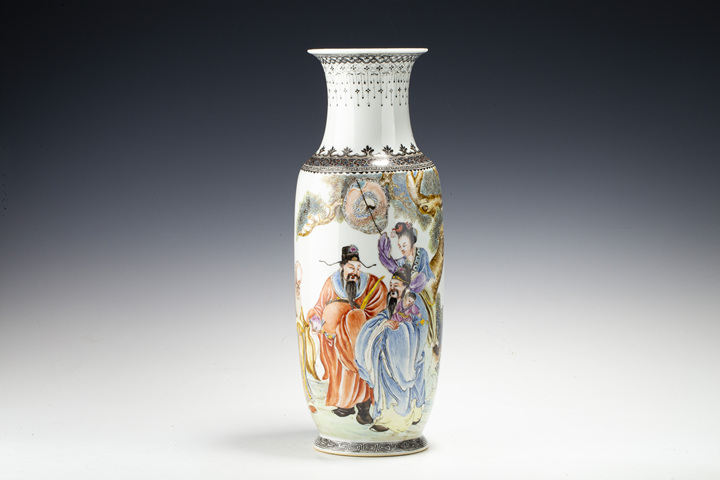 古玩陶瓷民國·吳寄甄作 粉彩三星人物紋撇口瓶真品鑒賞圖