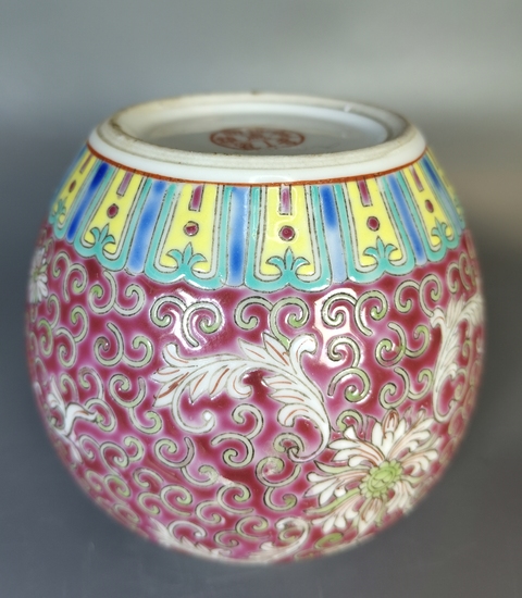 古玩陶瓷民國-胭脂紅粉彩福壽紋罐拍賣，當前價格999元