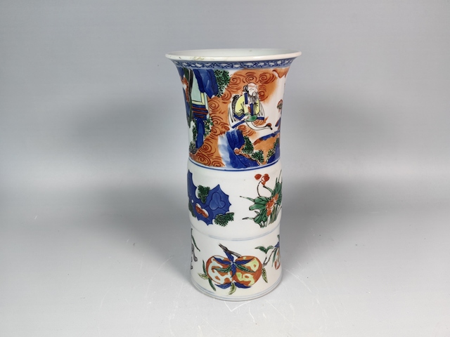 古玩陶瓷晚清八仙人物三多紋五彩花觚真品鑒賞圖