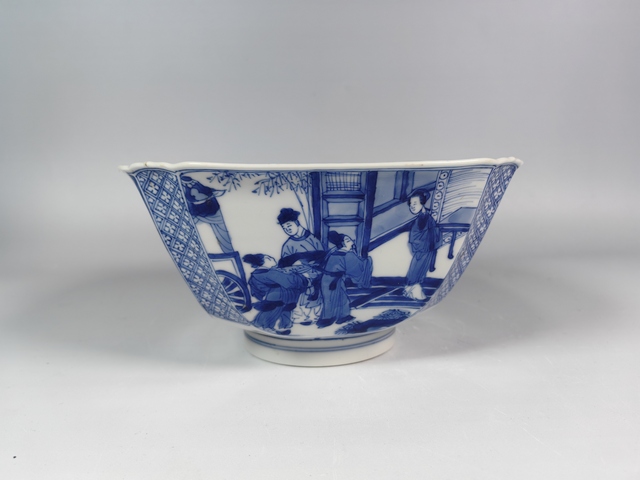 古玩陶瓷康熙人物故事紋青花四方倭角供碗真品鑒賞圖