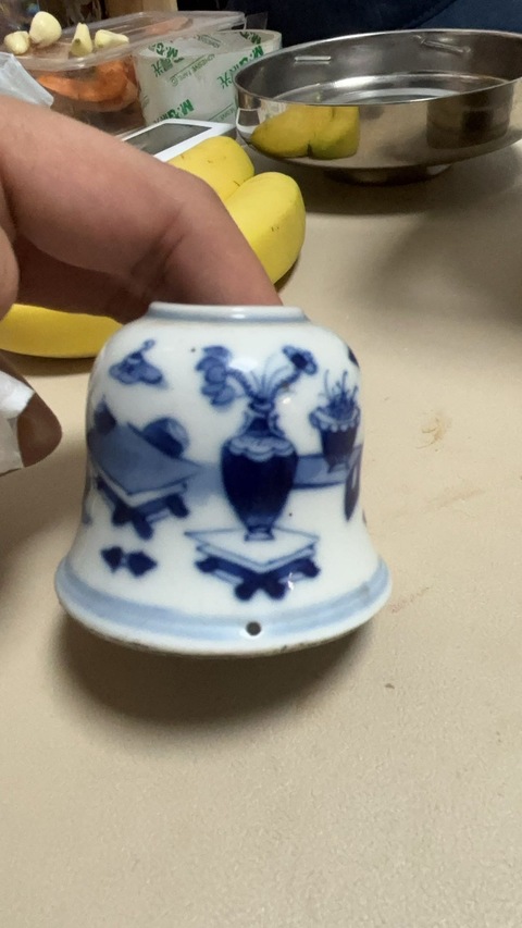 古玩陶瓷雙藍圈乾隆年制款博古圖水盂真品鑒賞圖