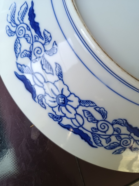 古玩陶瓷精美民國大正時期山水紋青花大盤拍賣，當前價格330元