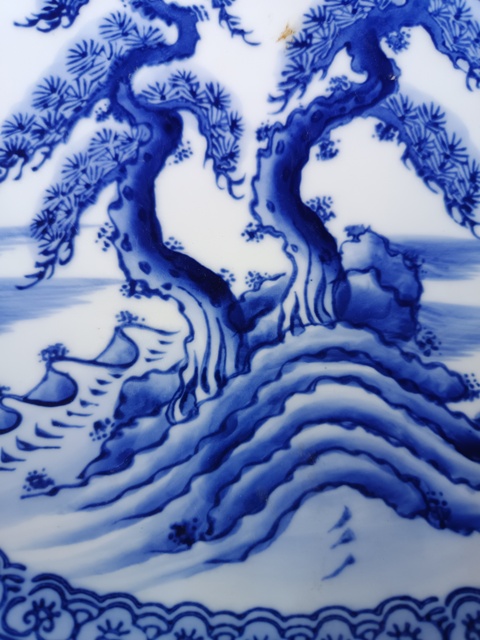 古玩陶瓷精美民國大正時期山水紋青花大盤拍賣，當前價格330元