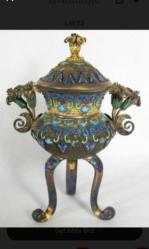 古玩雜項純銀掐絲琺瑯彩香爐真品鑒賞圖