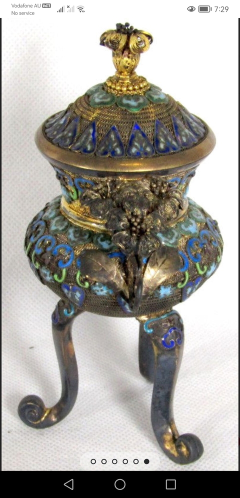 古玩雜項純銀掐絲琺瑯彩香爐真品鑒賞圖