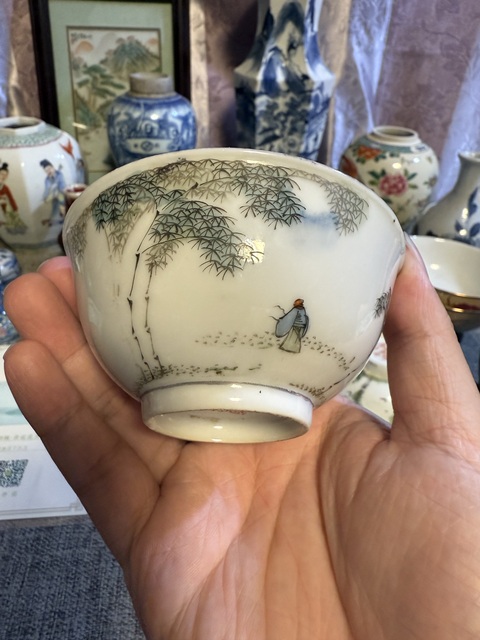 古玩陶瓷民國·粉彩竹林人物紋茶圓 真品鑒賞圖