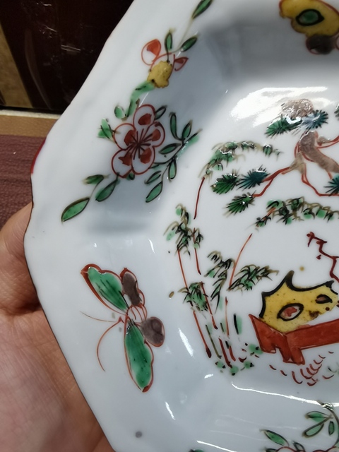 古玩陶瓷明天啟 五彩博古紋六方盤真品鑒賞圖