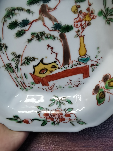 古玩陶瓷明天啟 五彩博古紋六方盤真品鑒賞圖