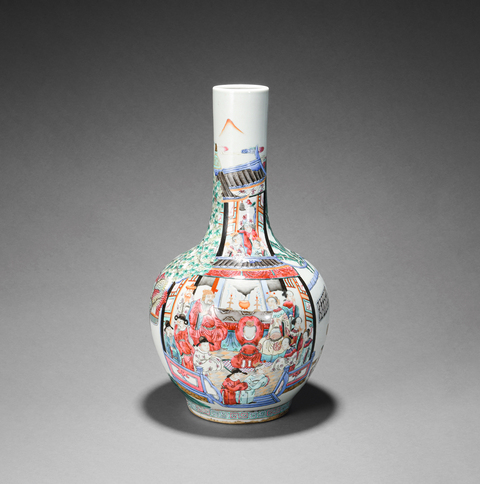 古玩陶瓷人物紋粉彩天球瓶真品鑒賞圖