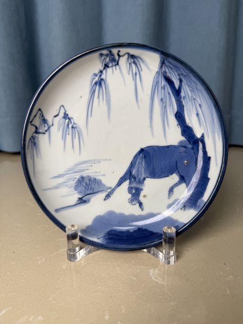 古玩陶瓷清中期 柳蔭駿馬圖盤拍賣，當前價格950元