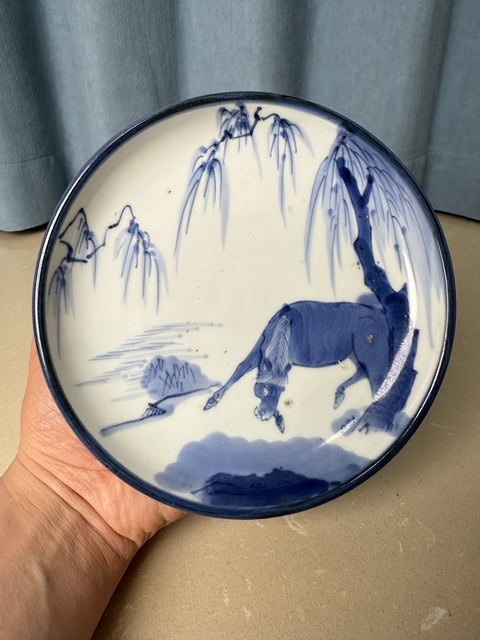 古玩陶瓷清中期 柳蔭駿馬圖盤拍賣，當前價格950元