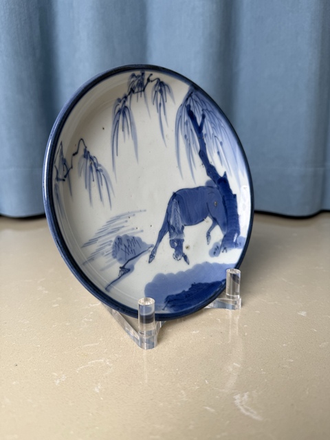 古玩陶瓷清中期 柳蔭駿馬圖盤拍賣，當前價格950元