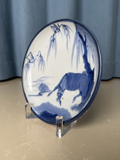古玩陶瓷清中期 柳蔭駿馬圖盤拍賣，當前價格950元