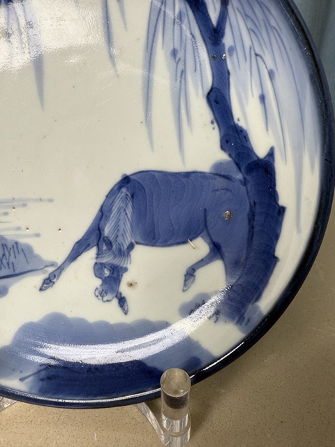 古玩陶瓷清中期 柳蔭駿馬圖盤拍賣，當前價格950元