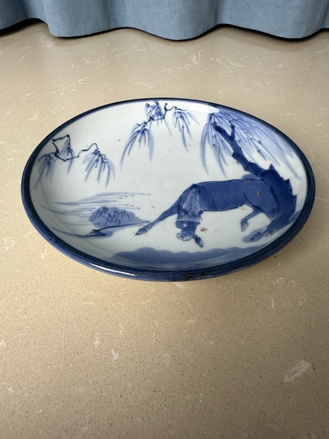 古玩陶瓷清中期 柳蔭駿馬圖盤拍賣，當前價格950元