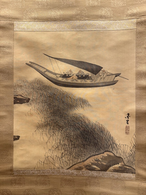 古玩字畫清晚期 老絹畫 行舟飲樂圖真品鑒賞圖