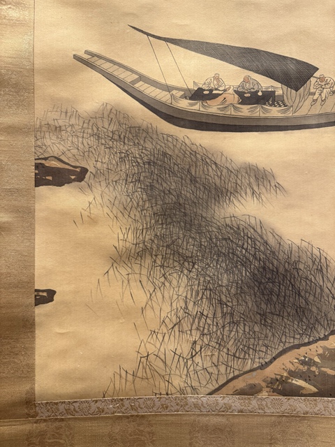 古玩字畫清晚期 老絹畫 行舟飲樂圖真品鑒賞圖