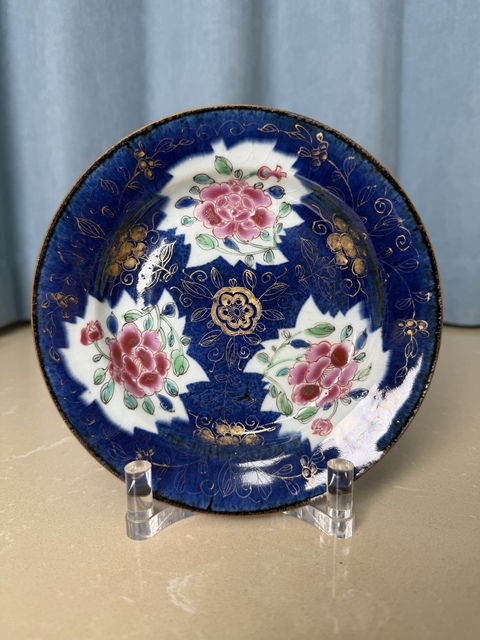 古玩陶瓷清雍正 極品灑藍釉開窗粉彩描金賞盤拍賣，當前價格1900元