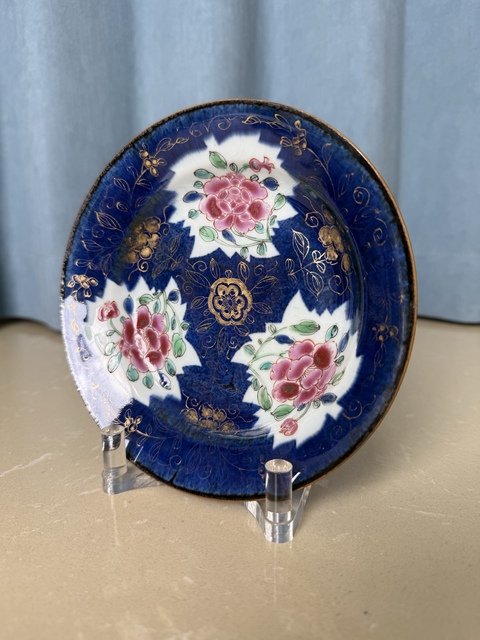 古玩陶瓷清雍正 極品灑藍釉開窗粉彩描金賞盤拍賣，當前價格1900元