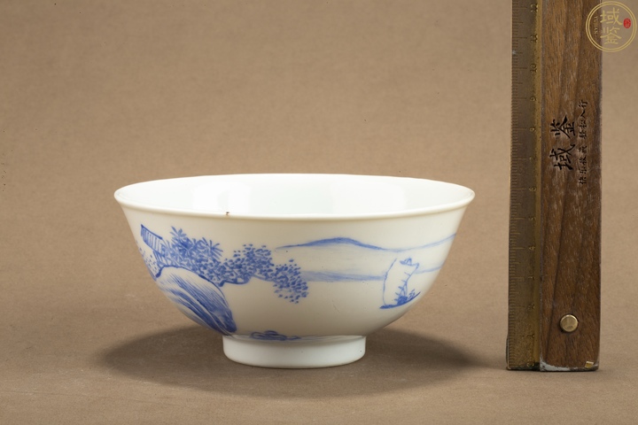 古玩陶瓷民國 藍料彩山水行舟紋碗拍賣，當前價格850元