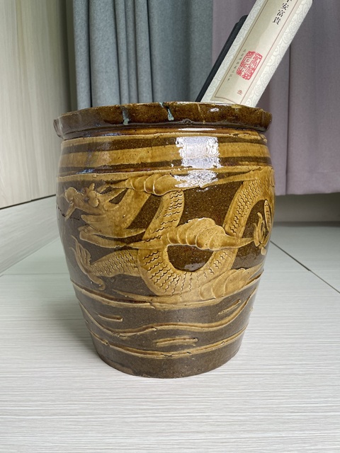 古玩陶瓷民國解放初 雙龍戲珠紋大卷缸拍賣，當前價格380元