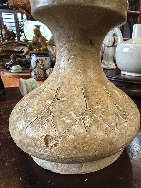 古玩陶瓷岳州窯青釉刻花渣斗，注意品相真品鑒賞圖