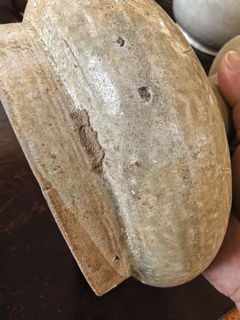 古玩陶瓷岳州窯青釉刻花渣斗，注意品相真品鑒賞圖