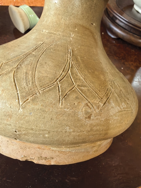 古玩陶瓷岳州窯青釉刻花渣斗，注意品相真品鑒賞圖