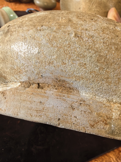 古玩陶瓷岳州窯青釉刻花渣斗，注意品相真品鑒賞圖