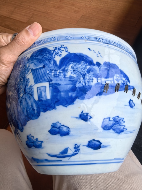 古玩陶瓷青花風(fēng)景人物紋卷缸真品鑒賞圖