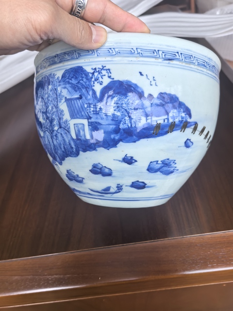 古玩陶瓷青花風(fēng)景人物紋卷缸真品鑒賞圖