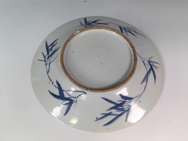 古玩陶瓷清中晚洞石牡丹花卉鳥青花賞盤真品鑒賞圖