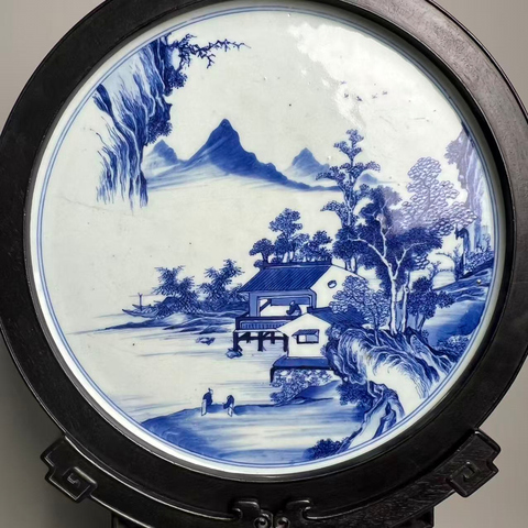 古玩陶瓷山水紋青花瓷板畫真品鑒賞圖