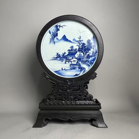 古玩陶瓷山水紋青花瓷板畫真品鑒賞圖