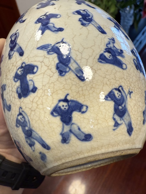 古玩陶瓷煨瓷青花嬰戲圖蓋罐真品鑒賞圖