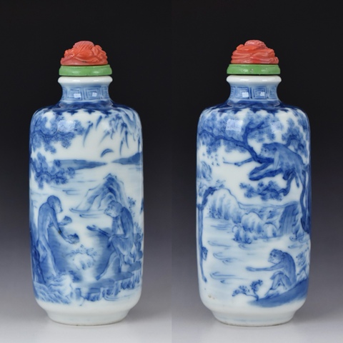 古玩陶瓷青花群猴圖鼻煙壺真品鑒賞圖