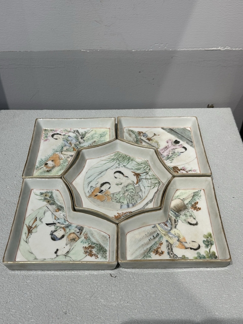 古玩陶瓷淺絳彩仕女人物攢盤真品鑒賞圖