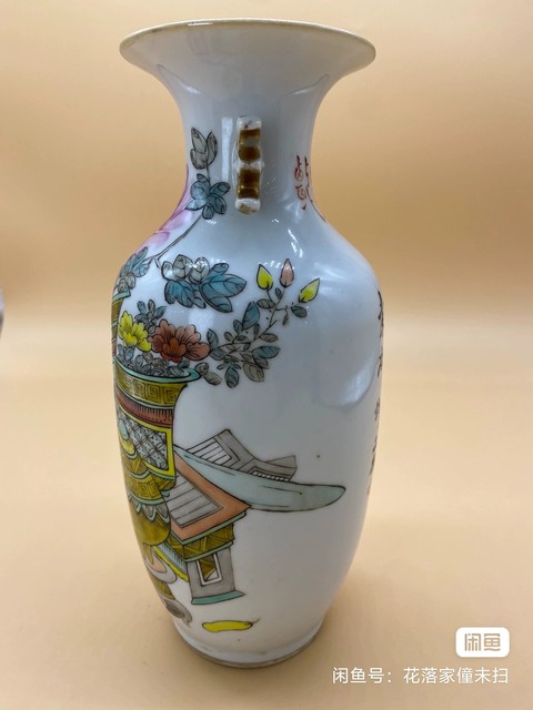 古玩陶瓷許品衡款淺絳彩博古圖雙福耳撇口瓶真品鑒賞圖