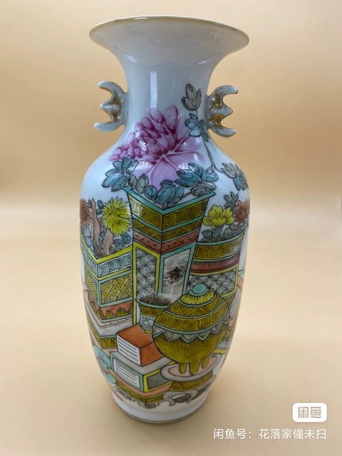 古玩陶瓷許品衡款淺絳彩博古圖雙福耳撇口瓶真品鑒賞圖