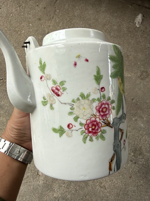 古玩陶瓷柳樹黃鶯粉彩提梁壺真品鑒賞圖