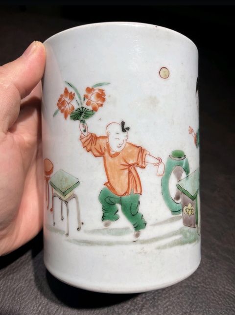 古玩陶瓷五彩人物故事筆筒真品鑒賞圖