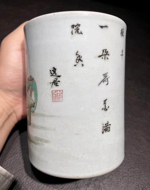 古玩陶瓷五彩人物故事筆筒真品鑒賞圖
