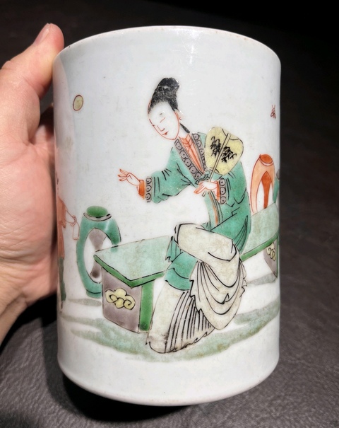 古玩陶瓷五彩人物故事筆筒真品鑒賞圖