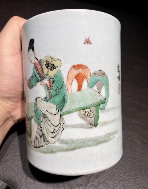 古玩陶瓷五彩人物故事筆筒真品鑒賞圖