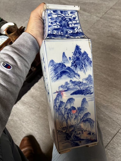 古玩陶瓷青花花鳥詩(shī)文四方瓶（日本）真品鑒賞圖