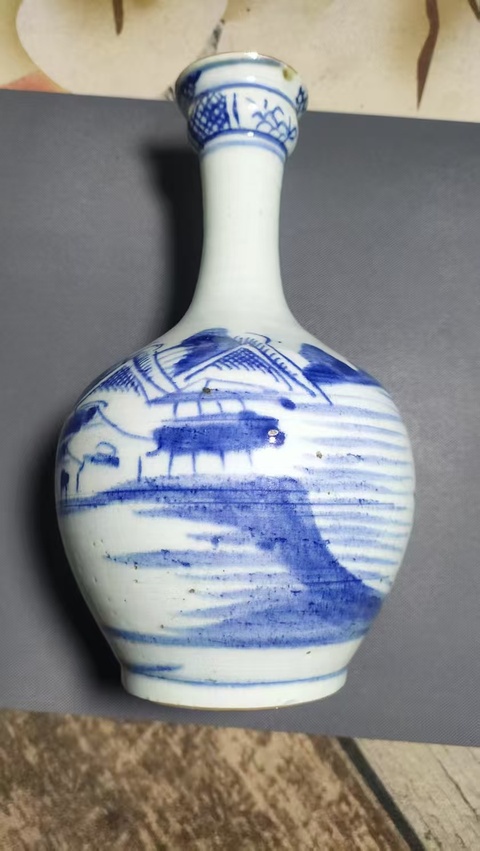 古玩陶瓷青花山水人物蒜頭瓶真品鑒賞圖