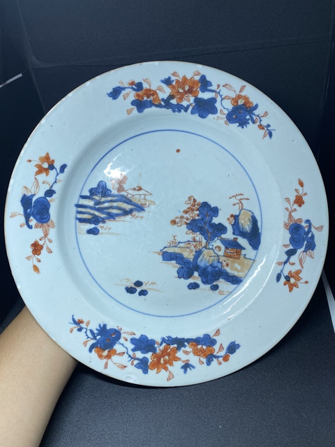 古玩陶瓷清康熙青花礬紅描金山石庭院大盤拍賣，當(dāng)前價(jià)格800元