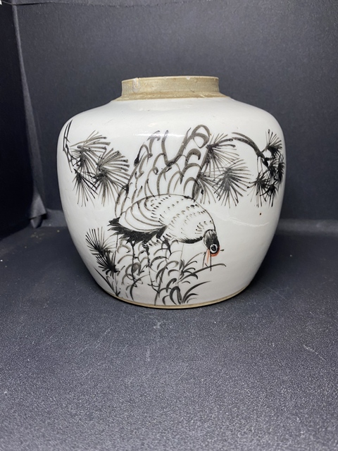 古玩陶瓷民國(guó)墨彩松鶴紋詩(shī)文罐拍賣(mài)，當(dāng)前價(jià)格400元
